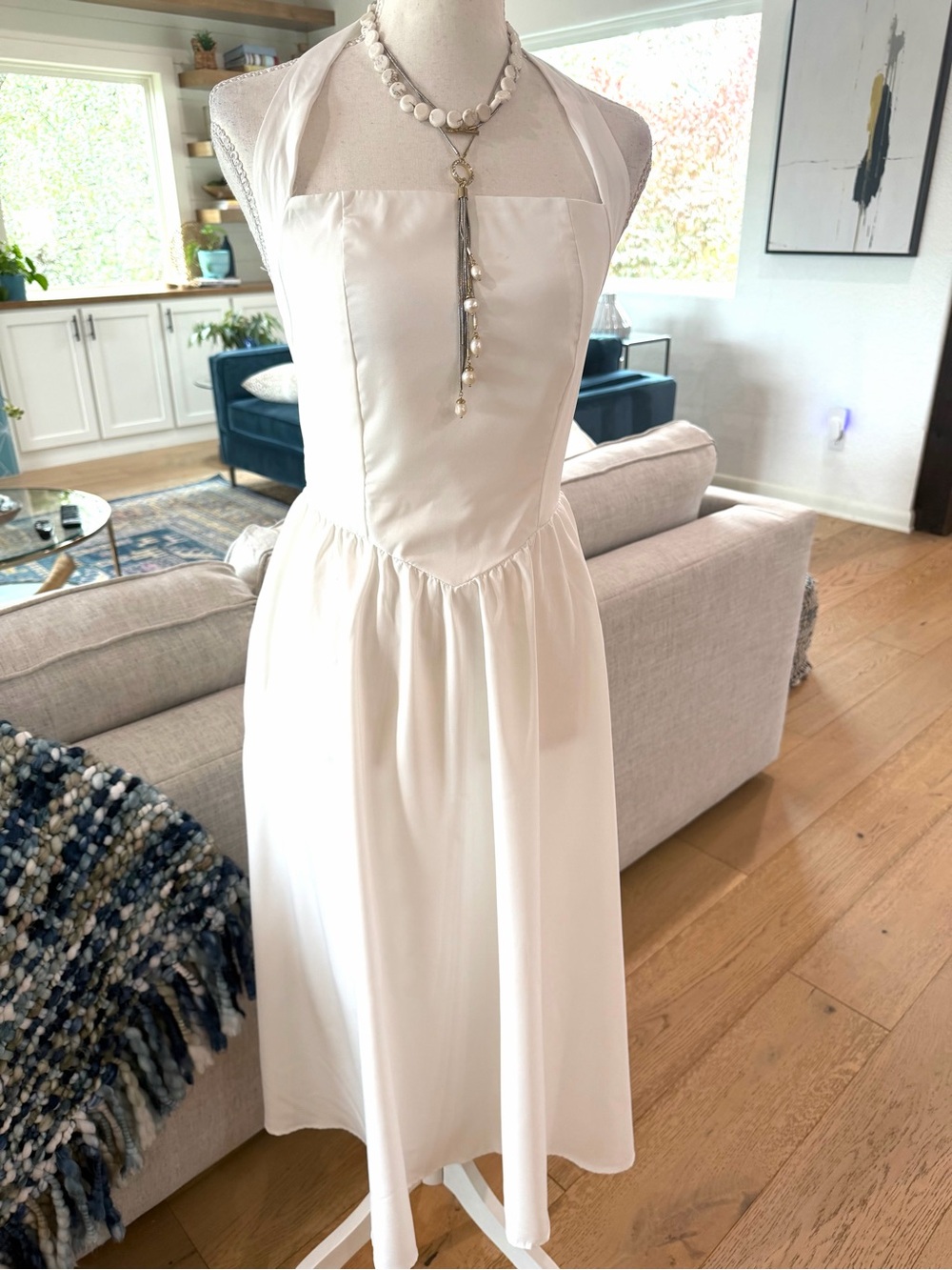 Classic White Halter Midi Dress - Timeless Women's Summer Style SM Side Pockets
